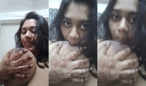 Horny Indian BBW Girl Sucking Her Huge Boobs
