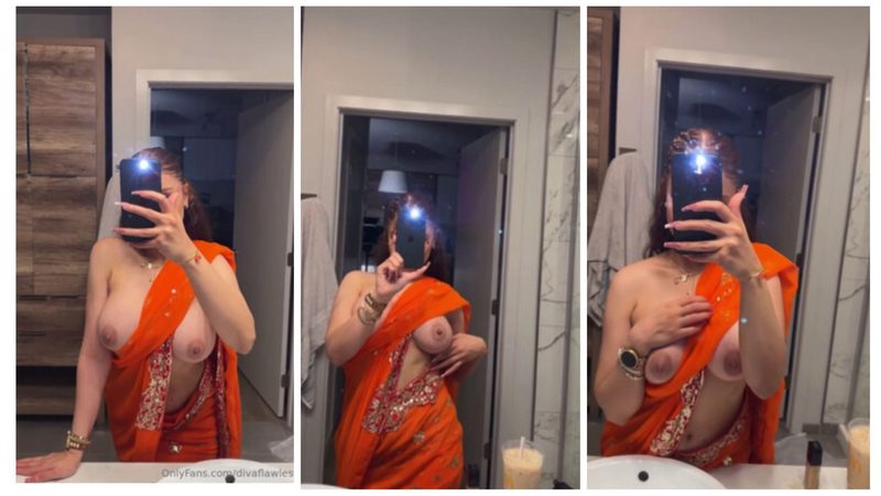 DIVA FLAWLESS Nude XXX New Leaked Stripping & Teasing Big Tits in Orange Saree